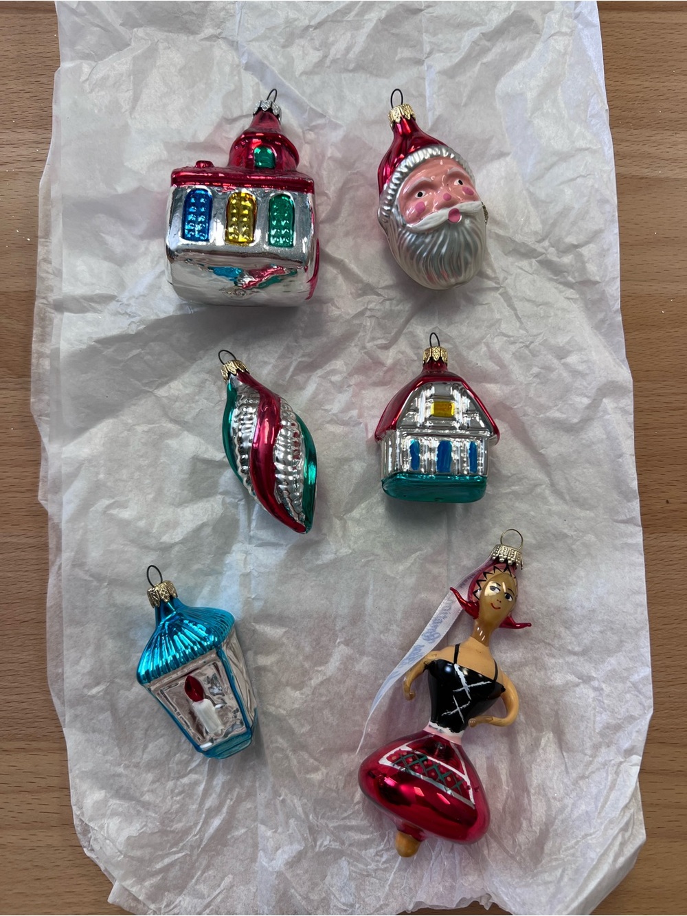 Holiday Glass Ornament Set - Multicolor Santa, Houses & Figurine - 6 ornaments
